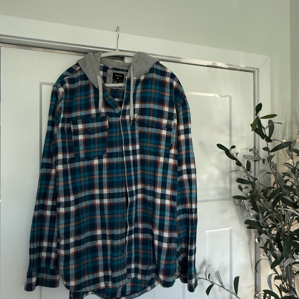 Quiksilver Blue and Brown Plaid Hooded Shirt